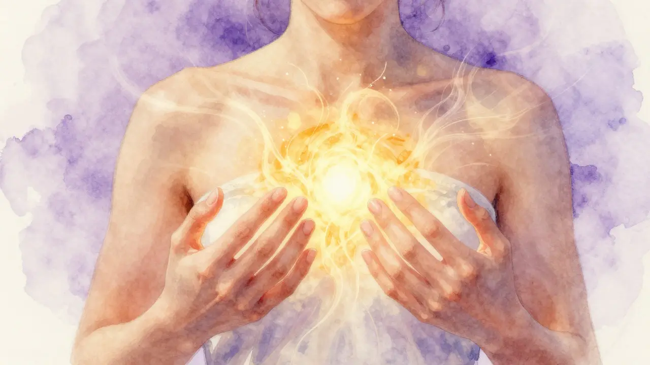 Ruce nad hrudníkem s zlatou energií při masáži