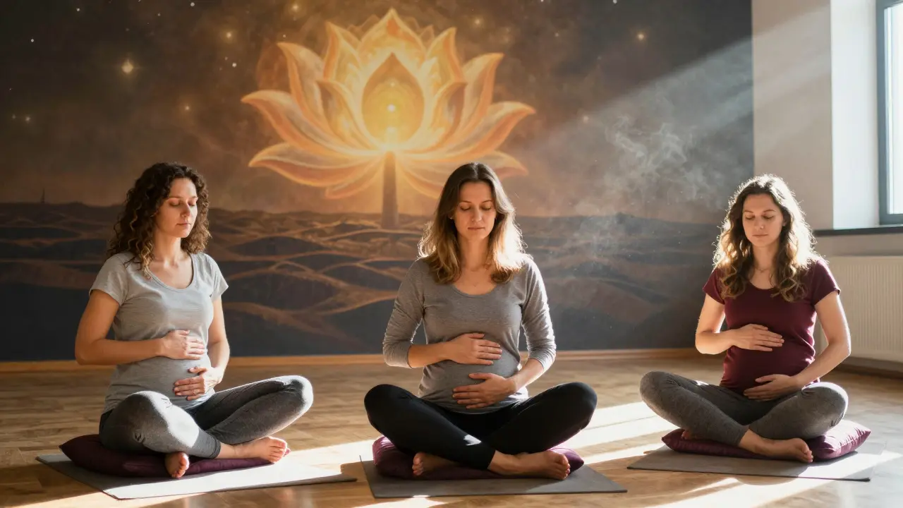 Tři ženy v kruhu v tiché místnosti, ruce na břiše, mural s lotosem za nimi — společný rituál ženské sebepéče.
