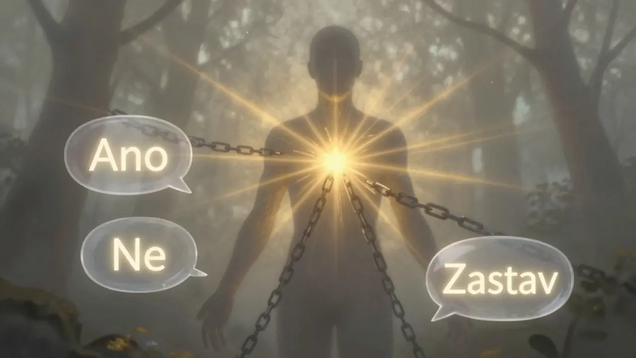 Abstraktní silueta člověka s zlatou energií, která proudí tělem, zatímco černé řetězy mizí, s třemi transparentními slovy souhlasu.