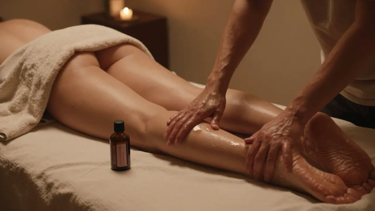 Jeden partner masíruje druhého dlouhými pohyby ruky po nohách, s teplým ručníkem na zádech a olejem v pozadí, v klidném, teplém prostředí.
