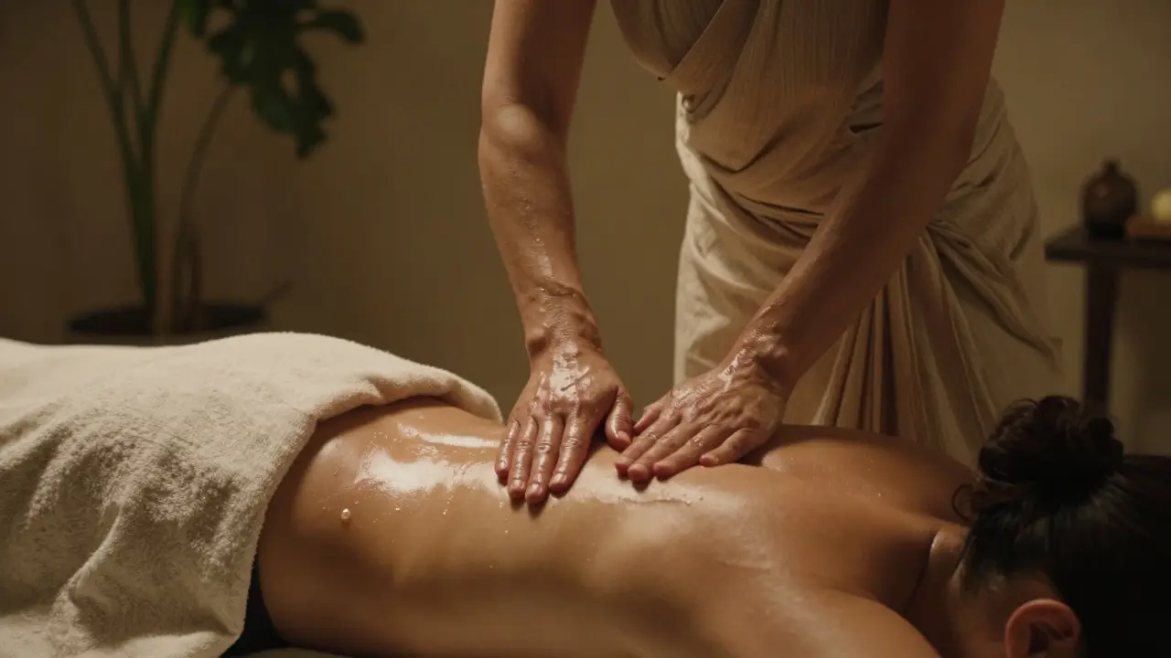 Masérka masíruje záda klienta v volném sarongu, ruce se pohybují pomalu v harmonii s dechem.