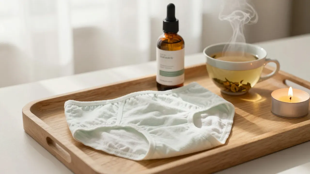Na dřevěné podnosu leží jednorázové spodní prádlo vedle oleje a svíčky, klidná příprava před masáží.