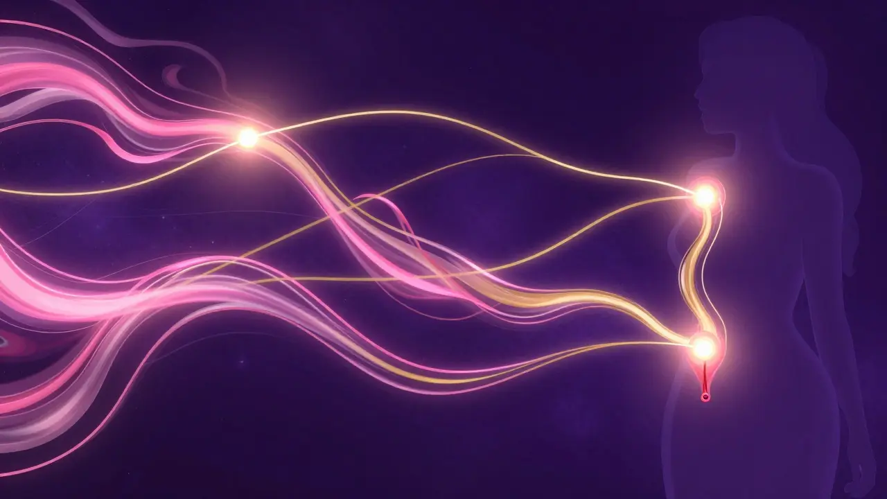 Abstraktní ilustrace energetického toku a tří center rozkoše v ženském těle.