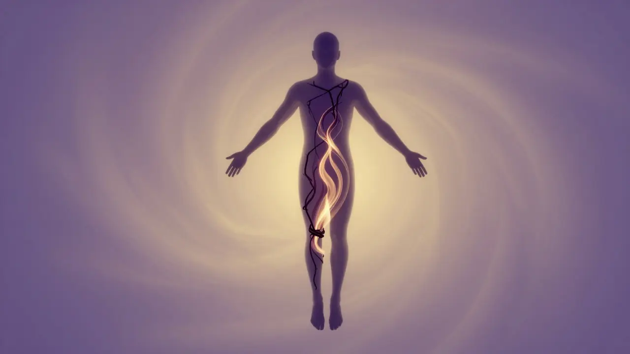 Abstraktní zobrazení uvolňování svalových a emočních bloků v těle pomocí světla.