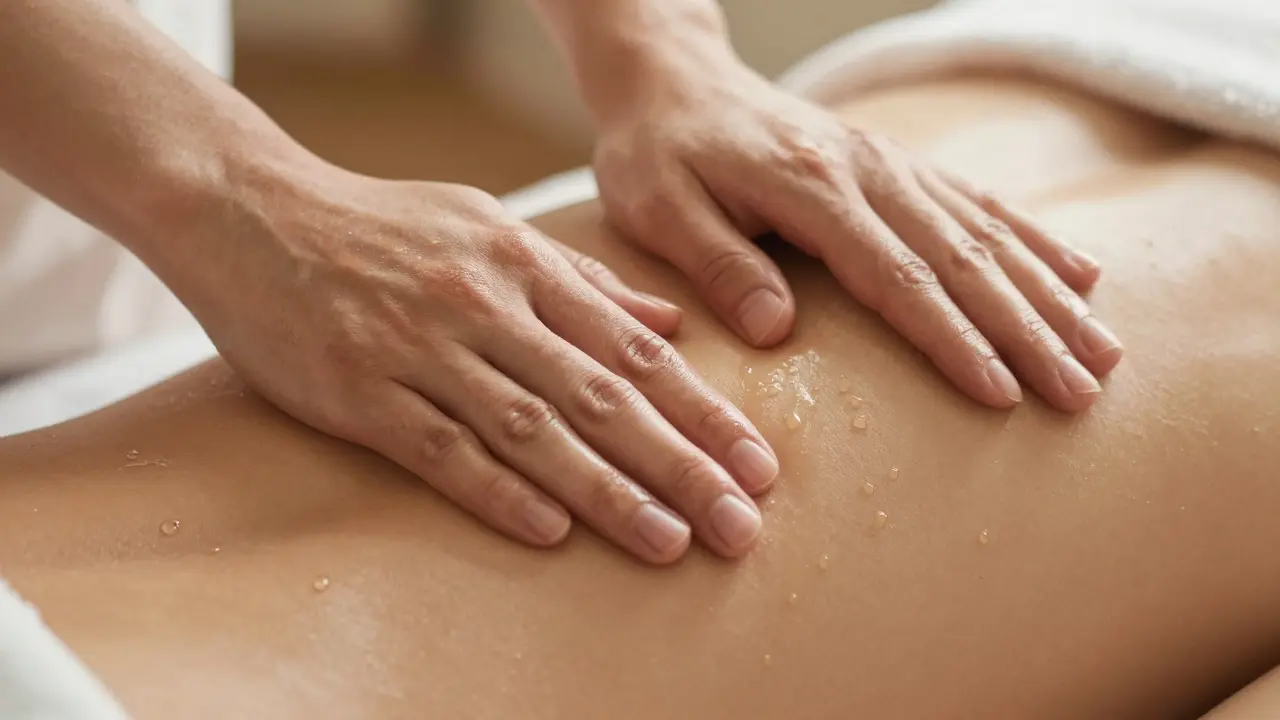 Detail jemného doteku rukou s masážním olejem, symbolizující důvěru a blízkost.