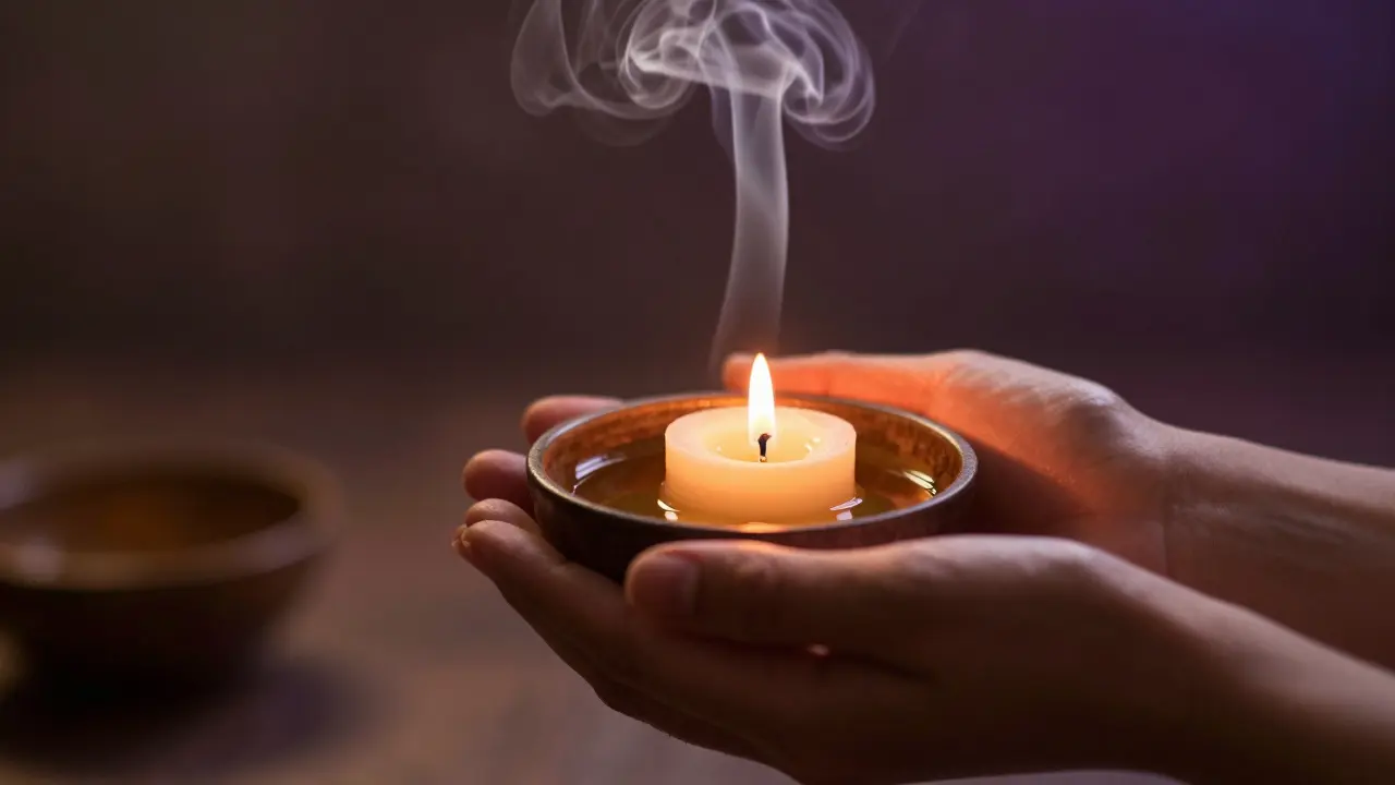 Detail ruky s vonnými oleji a svíčkou v rituálním, atmosférickém prostoru.