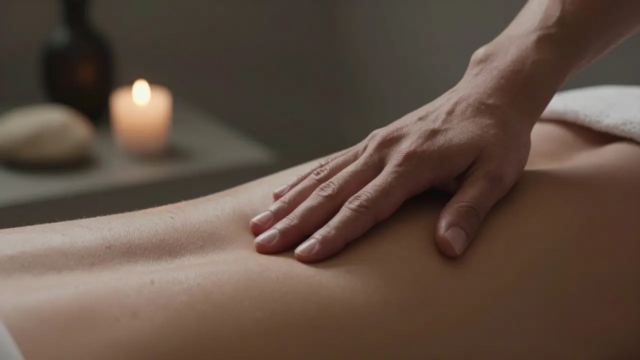 Detailní záběr rukou kombinujících pevný rehabilitační tlak a jemný tantrický dotyk.
