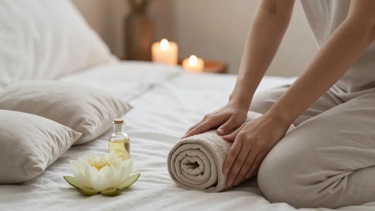 Klidné prostředí s polštáři a organickým olejem připravené pro rituál yoni masáže.