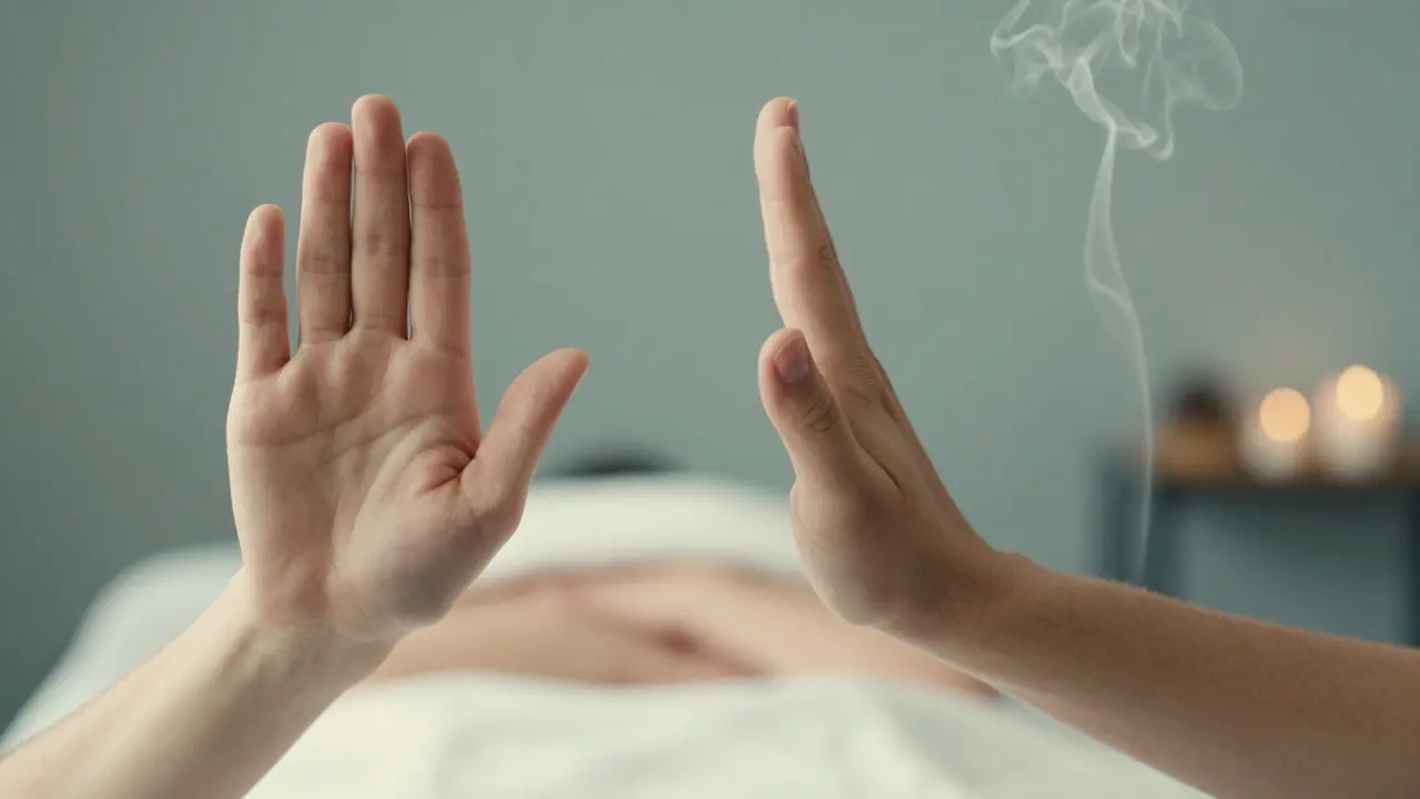 Konceptuální obraz znázornující gestu zastavení a nastavování osobních hranic v relaxačním prostoru.