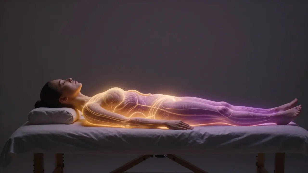 Konceptuální znázornění energetického toku a bioenergie během terapeutické masáže.