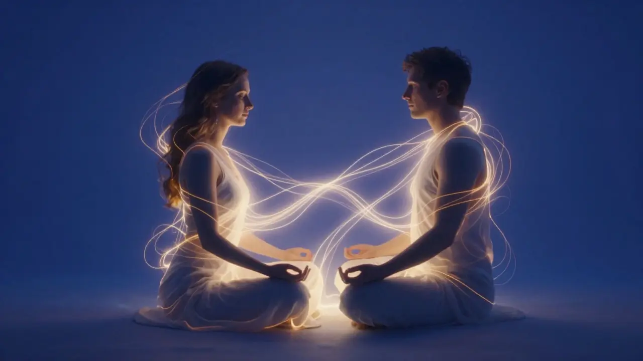 Konceptuální zobrazení energetického propojení páru obklopeného zlatým světlem.