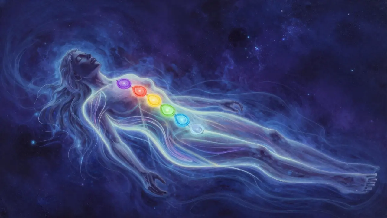 Konceptuální zobrazení energetických center čaker a proudící energie v těle.