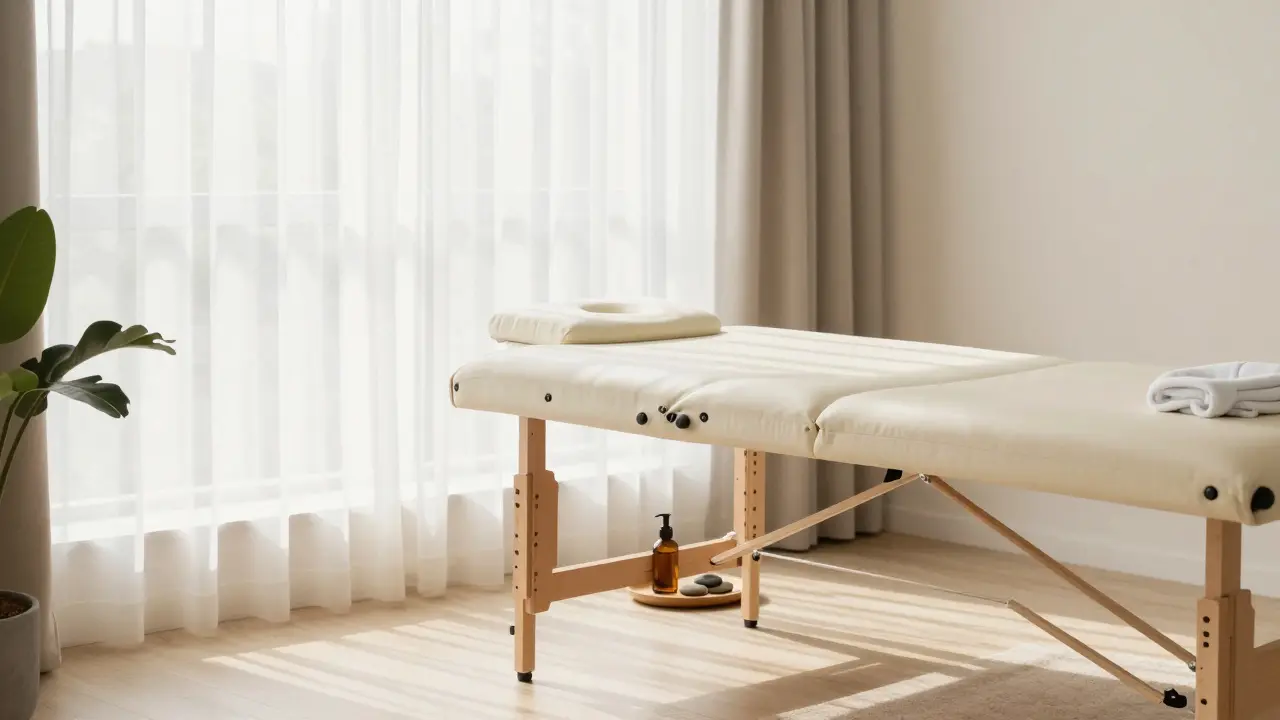 Kout pro privátní masáž v minimalistickém a světlém domácím prostředí.