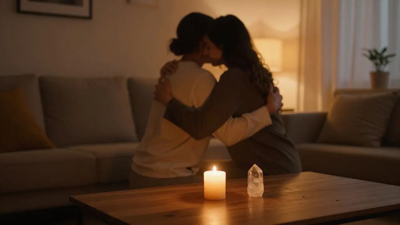 Svíčka na stole a pár v jemném objetí v domovním prostředí.