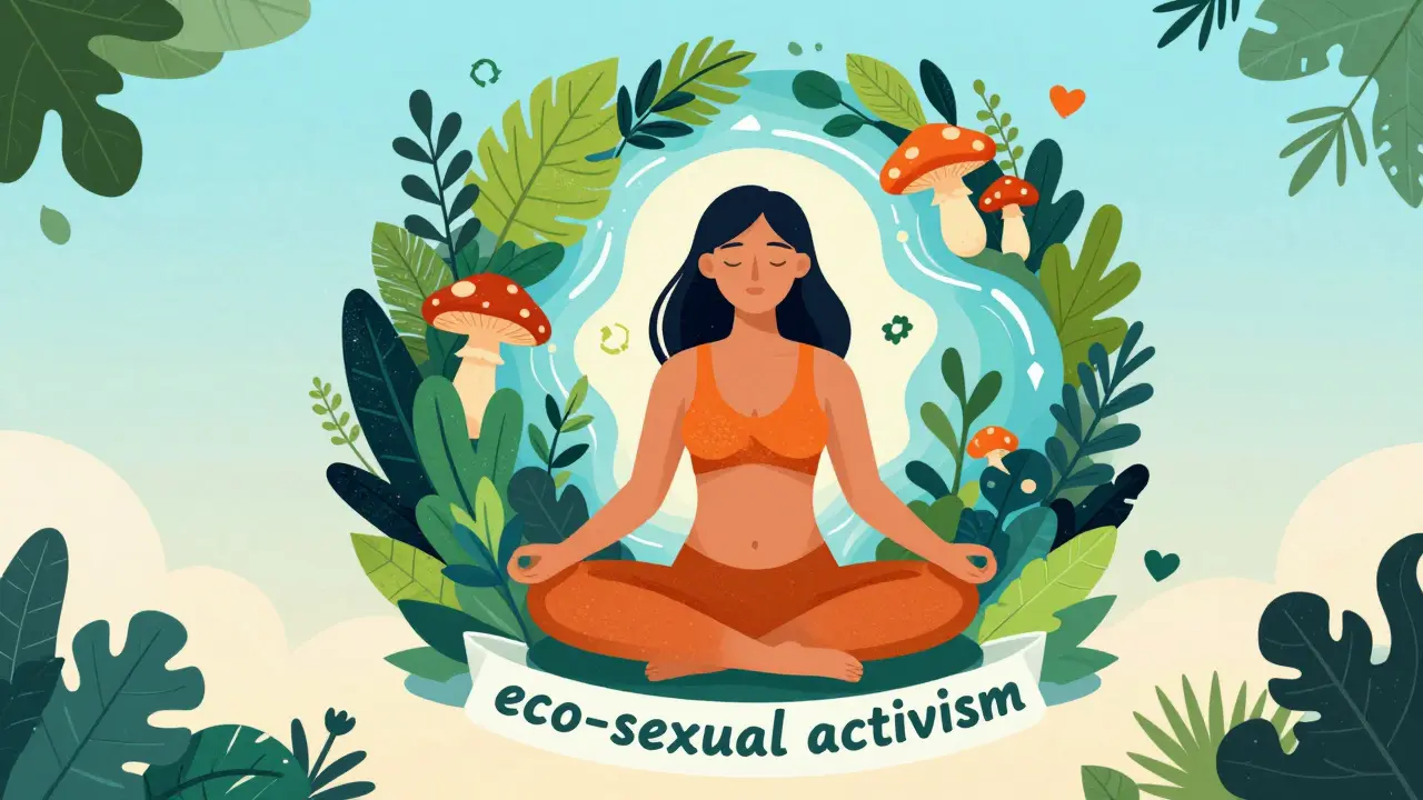 Ilustrace eko-sexuálního aktivismu spojující tělo s přírodou a udržitelností