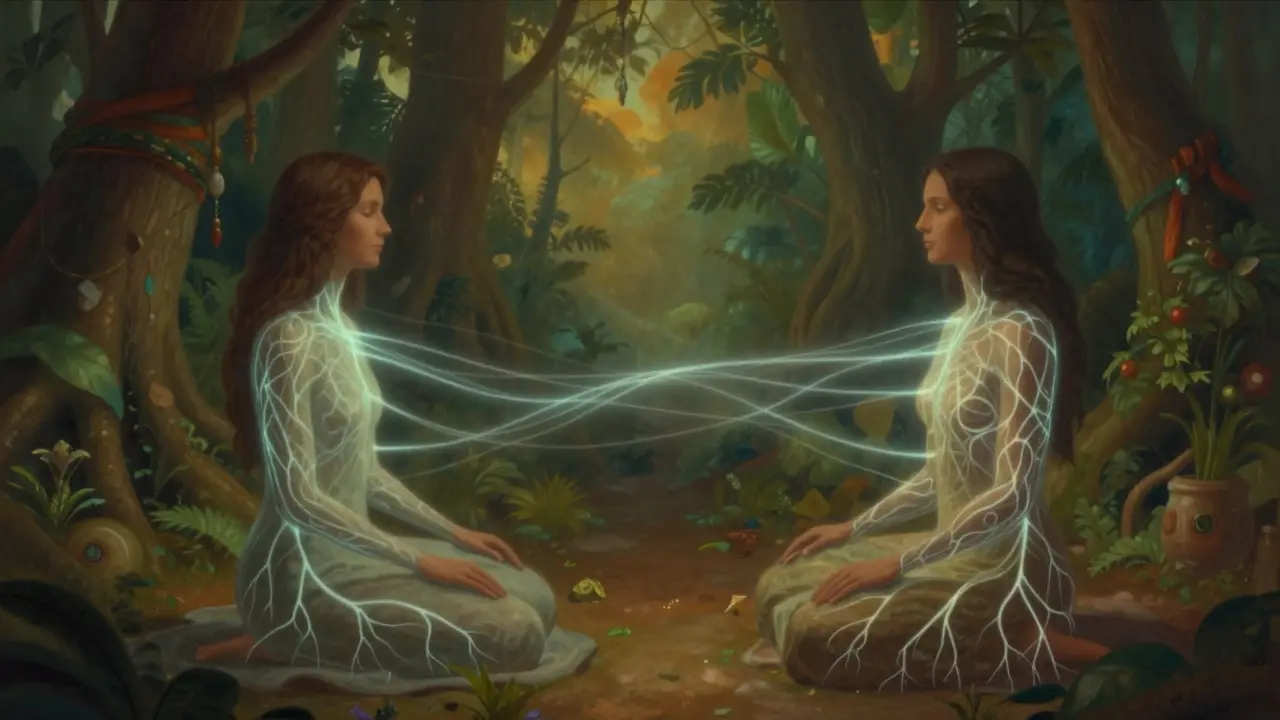 Surrealistické zobrazení energetického propojení a dechu při tantrické praxi