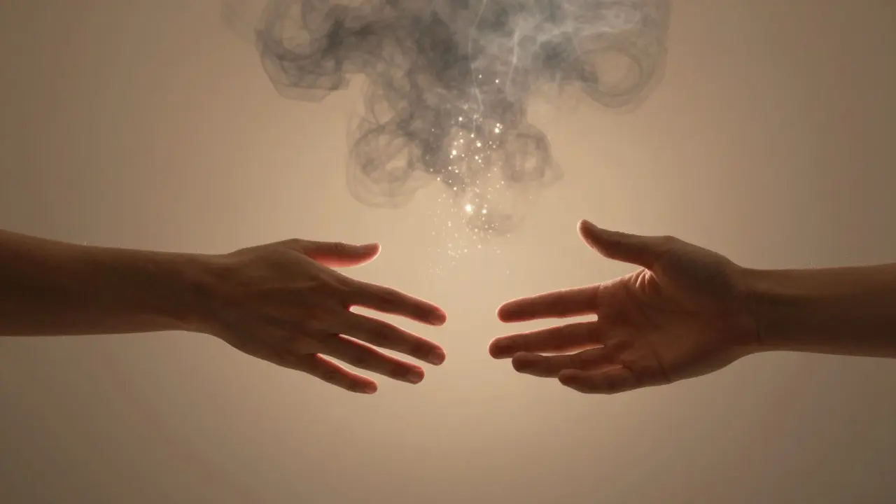 Abstract hands dissolving emotional barriers with warm light