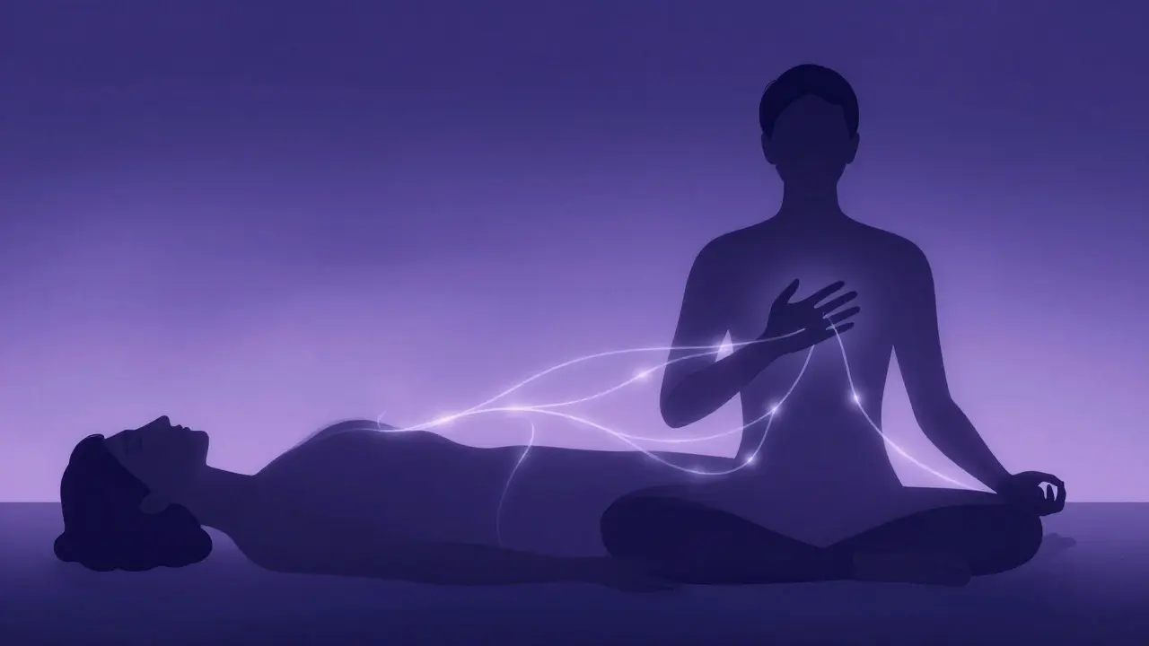 Abstraktní ilustrace dvou postav propojených energií a dechem v meditaci