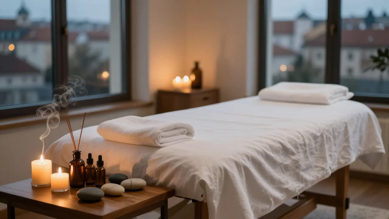 Klidná terapeutická místnost s masážním stolem a oleji