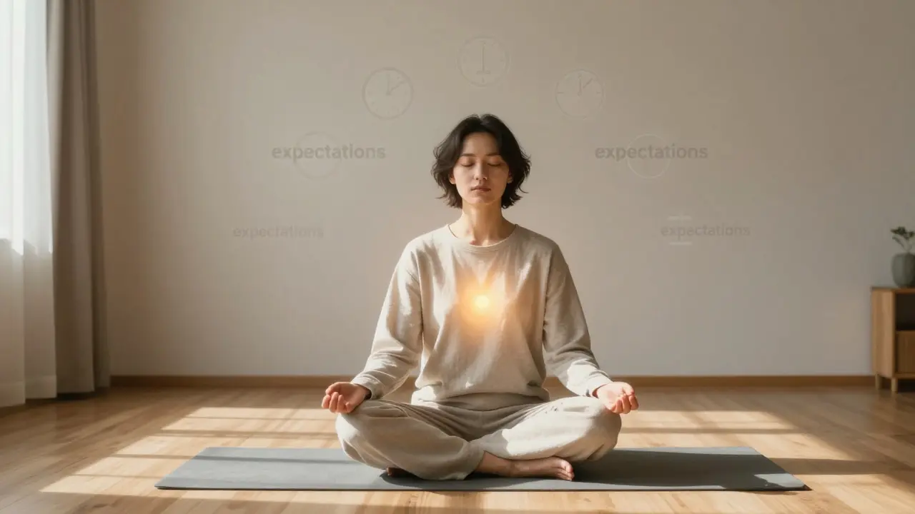 Person in calm meditation with fading expectations around them
