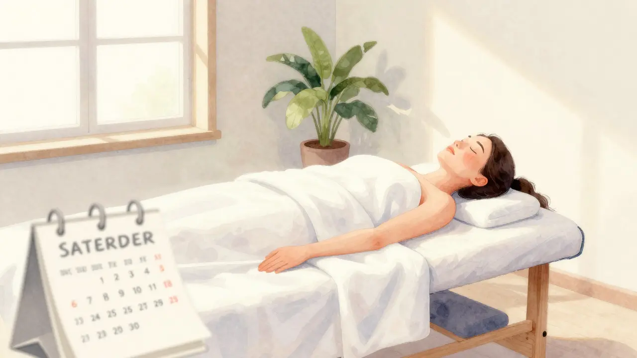 Akvarelová ilustrace klidné místnosti s osobou v hluboké relaxaci na masážním stole