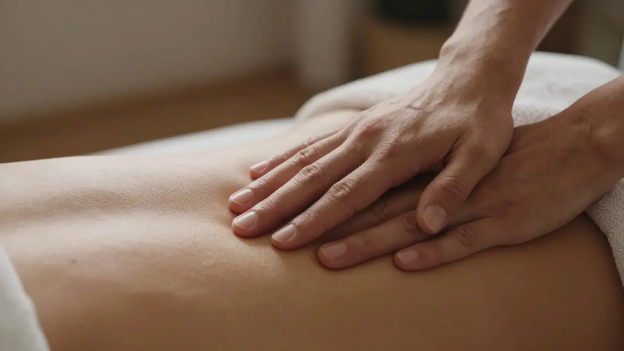 Detail vědomého doteku rukou na zádech a boku partnera