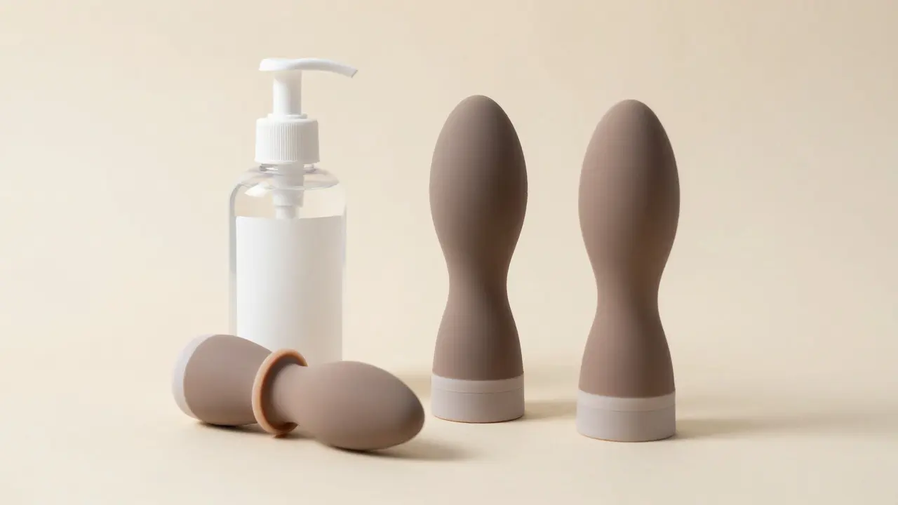Ergonomické silikonové pomůcky pro masáž prostaty a lubrikant