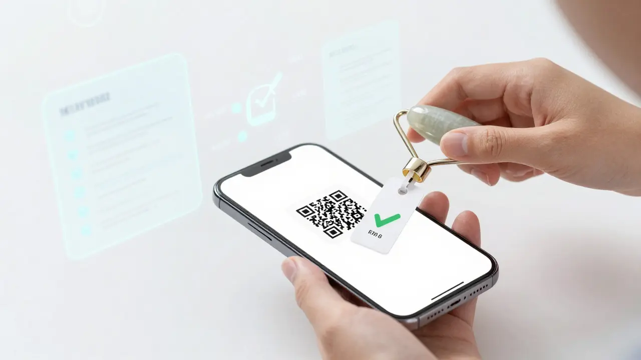 Hand scanning a QR code on a massage tool tag with holographic data elements