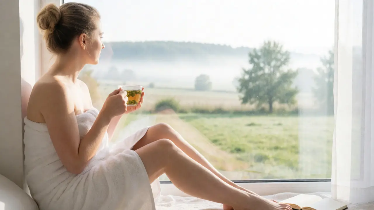 Relaxovaná žena s čajem u okna po masáži, pohled na mlhavou krajinu