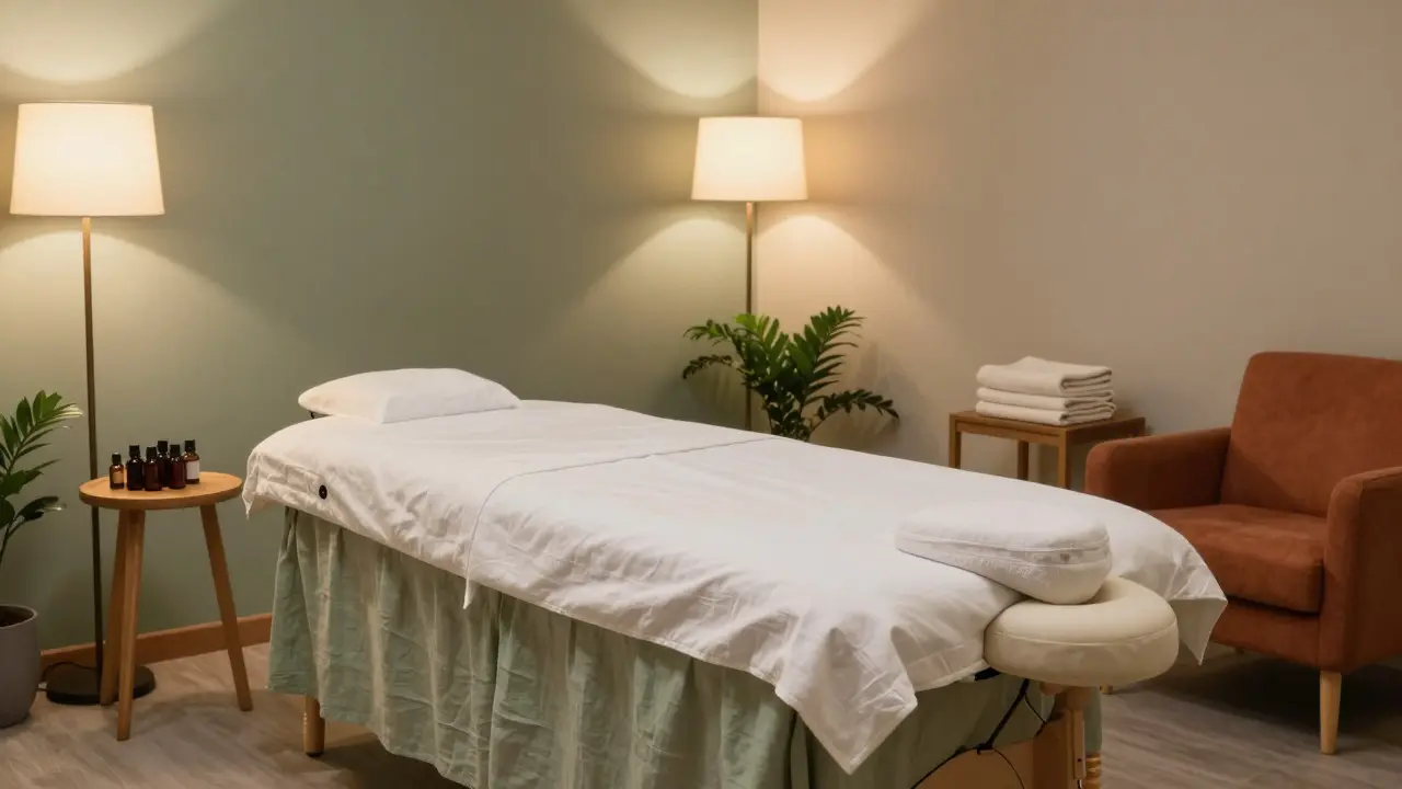 Tichá terapeutická místnost s masážním stolem a přírodními oleji