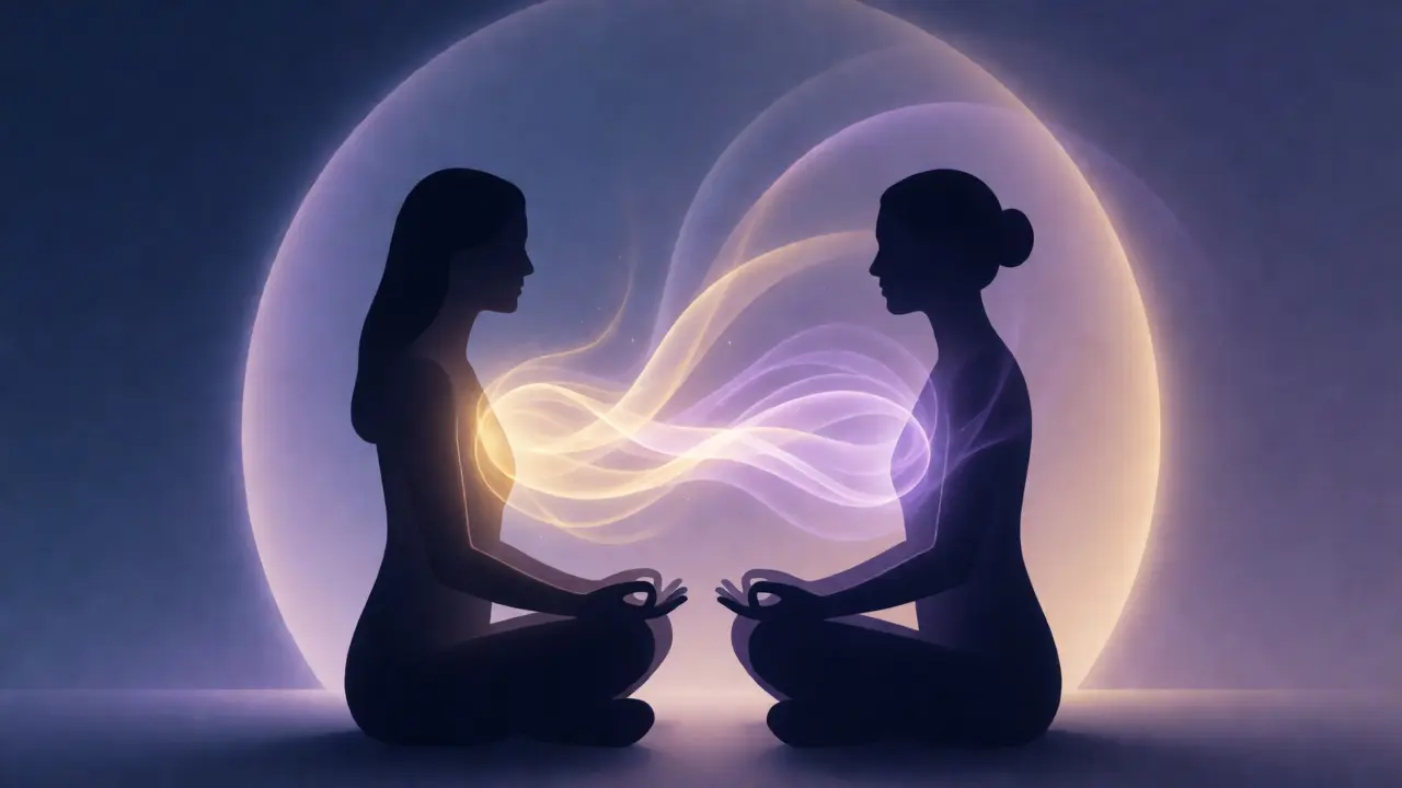 Abstraktní ilustrace energetického spojení mezi dvěma postavami v meditaci.