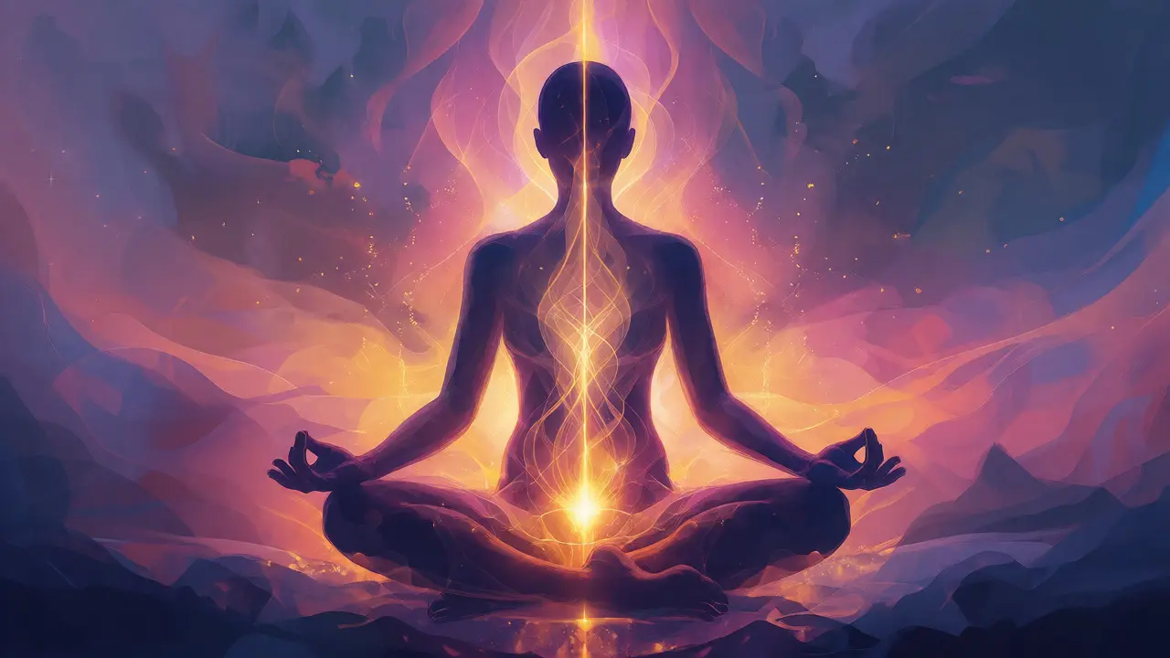 Abstraktní vizualizace toku energie z pánve nahoru v meditační pozici