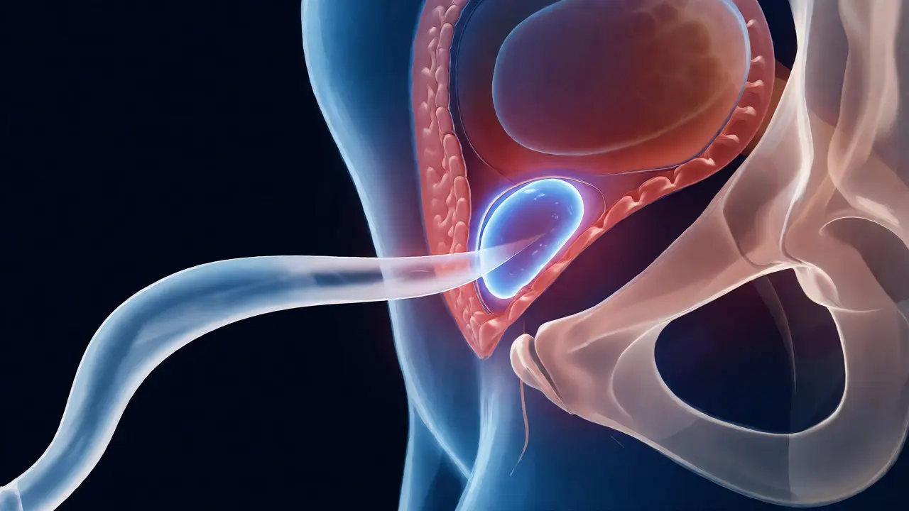 Anatomické schéma prostaty a správné polohy stimulátoru v pánevní oblasti