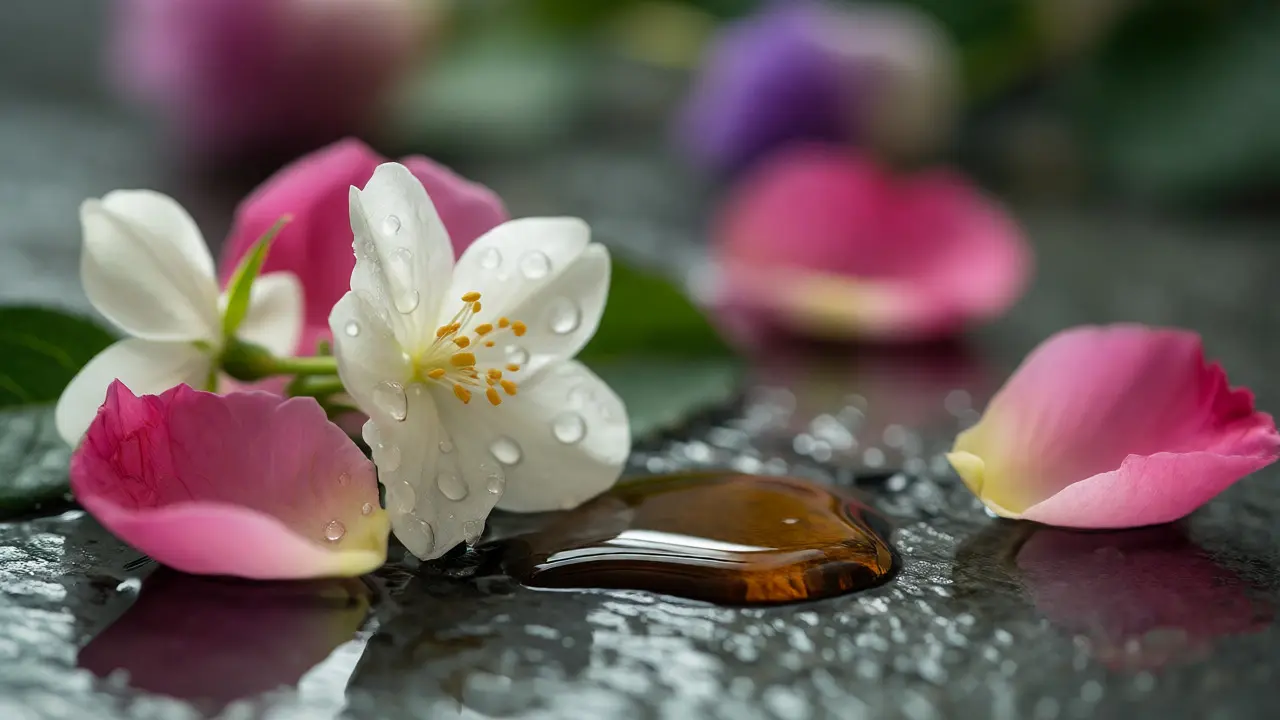 Detail růžových lístků, jasmínu a vanilky na mokrém kameni pro aromaterapii.