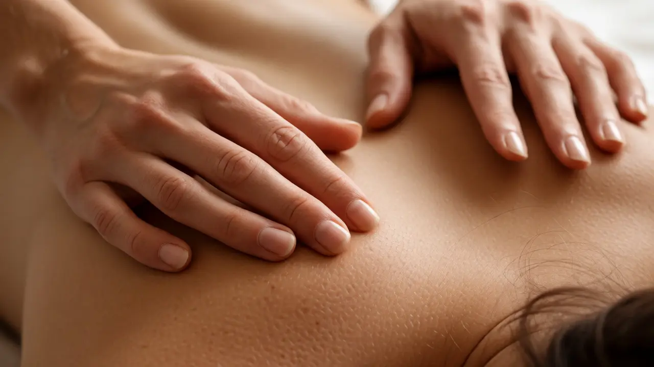 Detail rukou terapeuta provádějících jemnou techniku na zádech klienta
